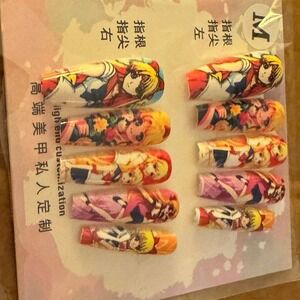 Anime Press On Nails Medium Coffin False‎ Nail Tips Kawaii Cartoon Nail Art